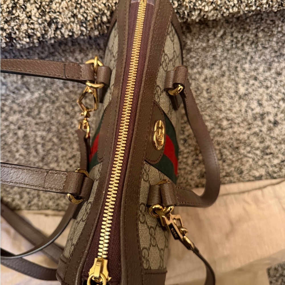 Gucci Brown GG Supreme Canvas Satchel with Green and Red Web Stripe - Picture 7 of 15
